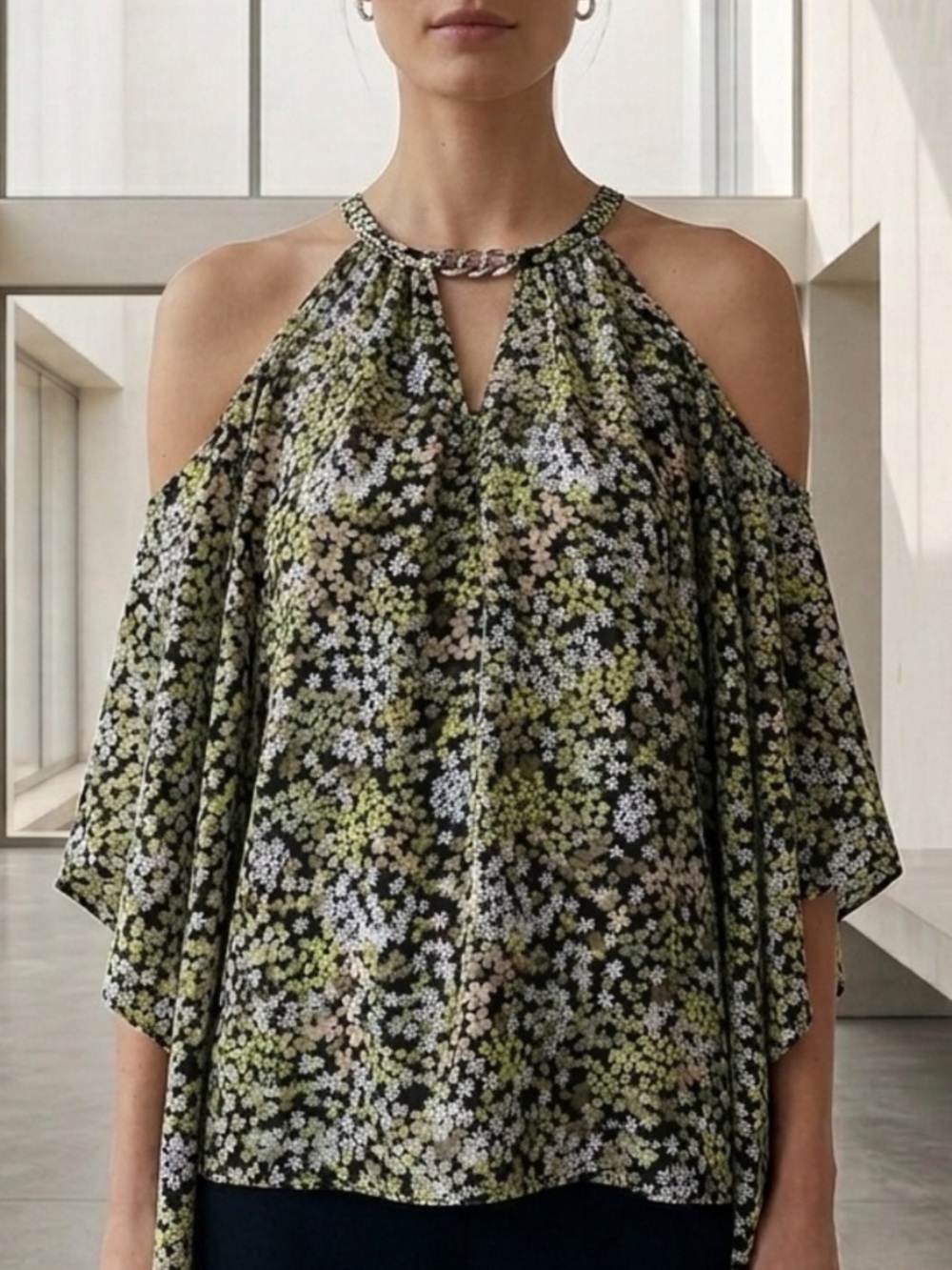 Michael Kors Black Floral Cold-Shoulder Halter Top